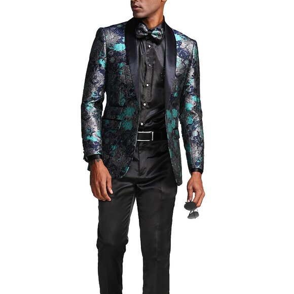 Turquoise Floral Print Shawl Collar Men's Jacket
